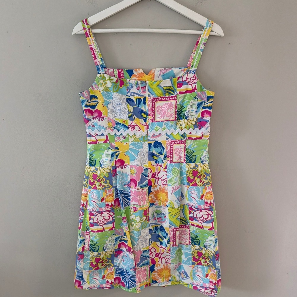 Island Republic Women 8 Tropical Patchwork Mini Dress Floral Ric Rac Trim Multi